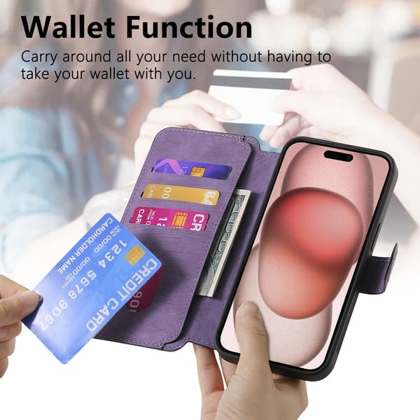 Magnetisk avtakbart flip-telefondeksel med RFID-beskyttelse, multifunksjonell kortholder og stativ; kompatibel med iPhone 16 Pro Max purple