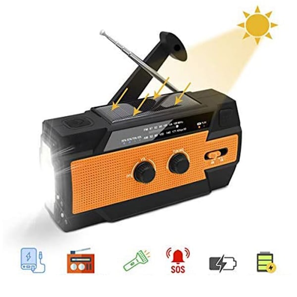 Solradio AM/FM Vevradio Portabel USB Uppladdningsbar Nödradiotelefon med 2000mAh Powerbank, LED-ficklampa, SOS-larm och Handvevsdynamo för