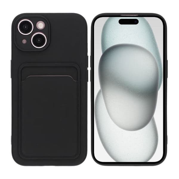 iPhone 15 Silikone Mobilcover med Kortholder - Sort