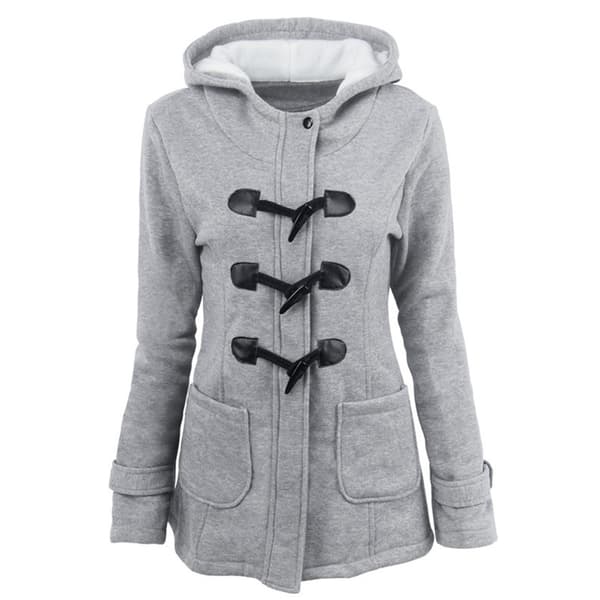 Mode Fleecejacka med Hornknappar och Huva för Dam - Varm Vinterjacka Light grey XL