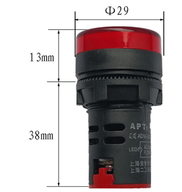 Sæt af 5, LED indikatorlys AD105-22D/S - 22mm 220VAC 20mA - Rød