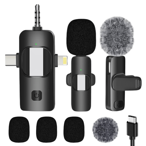 Dobbelt trådløs Lavalier mikrofon til iPhone, Android, kamera, laptop, pc, 3-i-1 trådløs clip-on mikrofon til videooptagelse, vlog