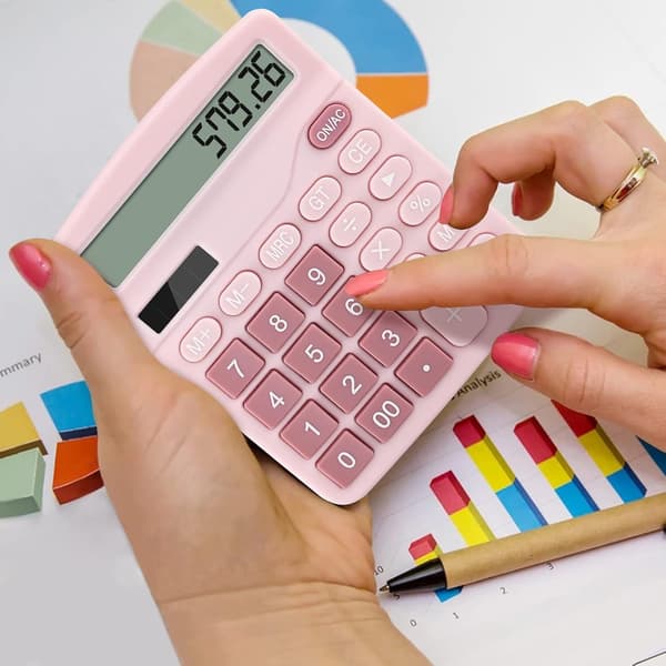 (Pink) Stor 12-cifret Dual Powered Basic Desktop Kalkulator, Solcelledrevet