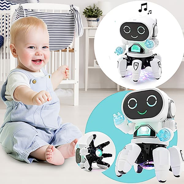Musikk og dansende hexapod-robot, LED-øyne, med diskolys og dansemusikk, universalhjul, interaktiv og lærerik, egnet for gutter og