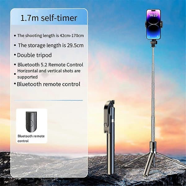 1,7M Bluetooth Selfie Stick Anti-Shake Mobiltelefon Gimbal Stabilisator Sammenleggbar Monopod for Mobil Livekringkasting