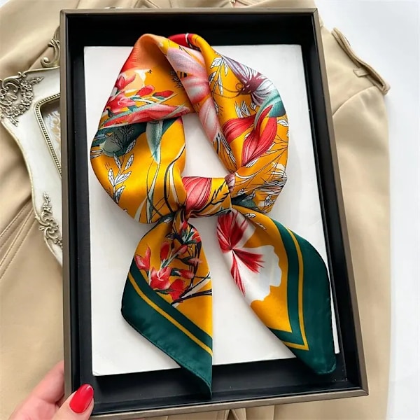 Luksuriøs trykt silkeskjerf for kvinner, vårhalsslips, sjal, wraps, kvinne 70 cm hårhåndklede, hijab, bandana FJ780-2