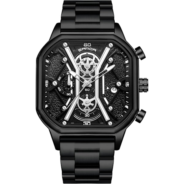 Kvartsarmbandsur för män affärsarmbandsur i rostfritt stål lysande analogt armbandsur multifunktionell kronograf klocka mode fyrkantig klocka Svart C Black C