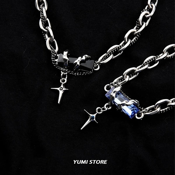 2024 Retro Svart Zirkon Stjärnarmband För Kvinnor Män Trend Titan Stål Punk Nk Chain Unisex Smycken Nya Par Tillbehör Blå