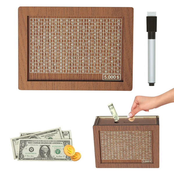 Træ Piggy Banks, Dollar Cashboxar, Genanvendelige Samlede Cashboxar, Hjemmedekorationer, Med Sparemål Og Tal 5000 USD