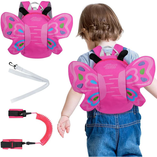 Säkerhetssele för barn, ryggsäck för barn med säkerhetskoppel, anti-förlorat barn ryggsäck för barn och barn att lära sig gå, fjäril Fjärils väska (rosa)