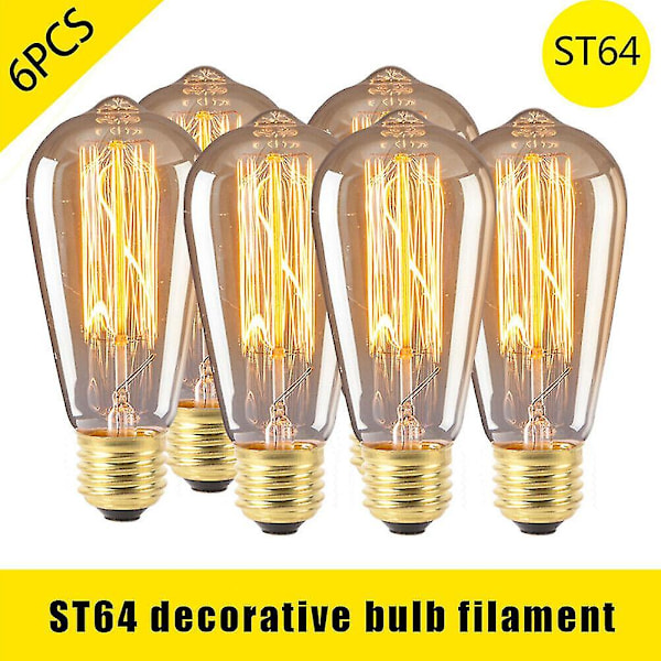 6 stk Vintage Retro St64 E27 Edison-glødepærer 40w Glødetrådlampe Varm Hvit [DB]