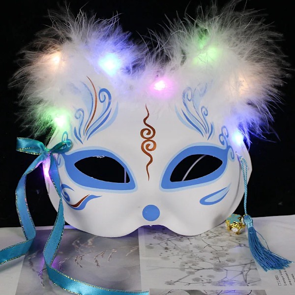 Valaiseva LED-kettumask Japani Cosplay Välkkyvät hiilet Tumma silmämaski Rave-asu Anime Puoli kasvot Kissa Maskit naamiaiset Juhlatarvikkeet 2