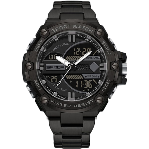 Men's Dual Display Watch 5 ATM Waterproof Digital Analog Military Stainless Steel Black B