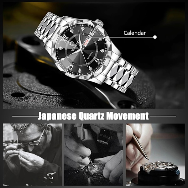 Elegant Kvarts Armbåndsur for Menn Klassisk Rustfritt Stål Herreklokke Diamant Vannresistent Klokker Multifunksjonell Forretningsklokke for Menn Hvit Svart B White Black B