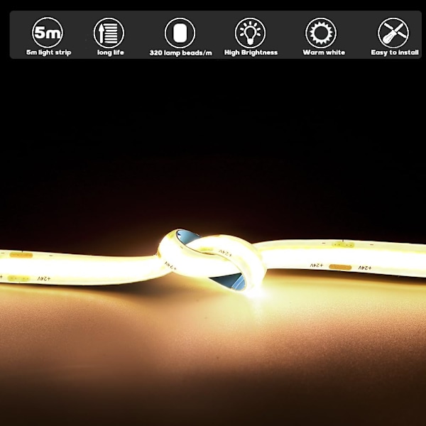 Arote 24V COB LED-remsa - 5m Vattentät Varmvit 3000K, IP65 Dimbar, 320 LED/m Hög Ljusstyrka för Heminredning (Strömadapter Ingår Inte) Warm white 5 m