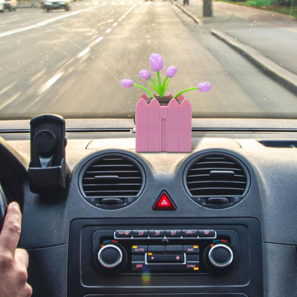 Solsikke-dashborddekorasjon, solcelledrevet blomst, bilinnredning, SUV/lastebiltilbehør, hjemmeinnredning Rosa