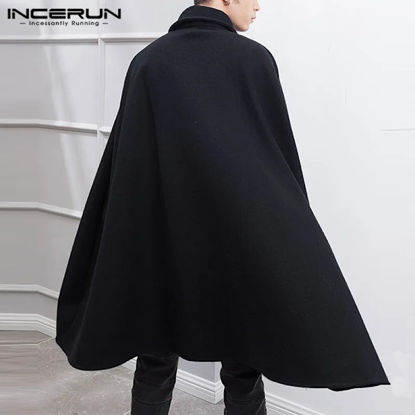 Incerun Mode Mænd Frakke Jakker Lapel Solid Farve En Knap Cape Trench Streetwear 2023 Casual Herre Overfrakker Po S-5Xl Sort S
