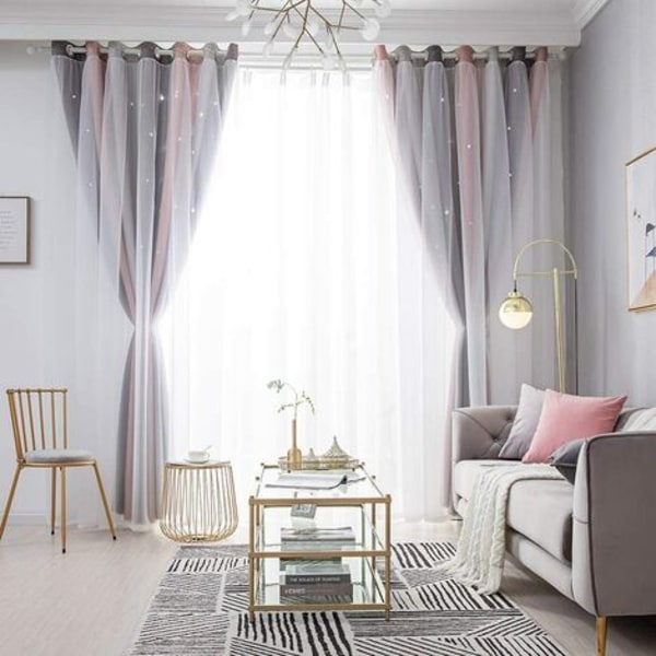 Paneler Gradient Stjerner Gardiner Draper for Barn Jenter Soverom Stue Dobbelt Lag Blackout Grå Rosa Grommet Vindu