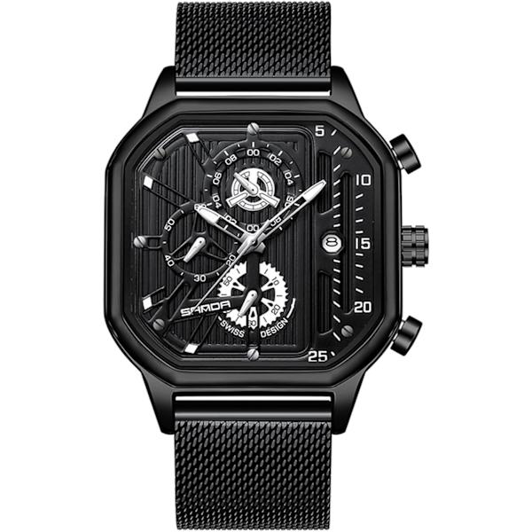 Herrar Kvartsur Klocka Mode Fyrkantig Armbandsur Luminous Analog Klocka Multifunktionell Kronograf Klocka Fritid Rostfritt Stål Herrklocka Svart B Black B
