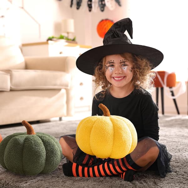 Pumpkuddar 13,8 tum diameter tacksägelsekuddar mjuka 3d halloweenpumpkuddar för soffor gula golvkuddar gul