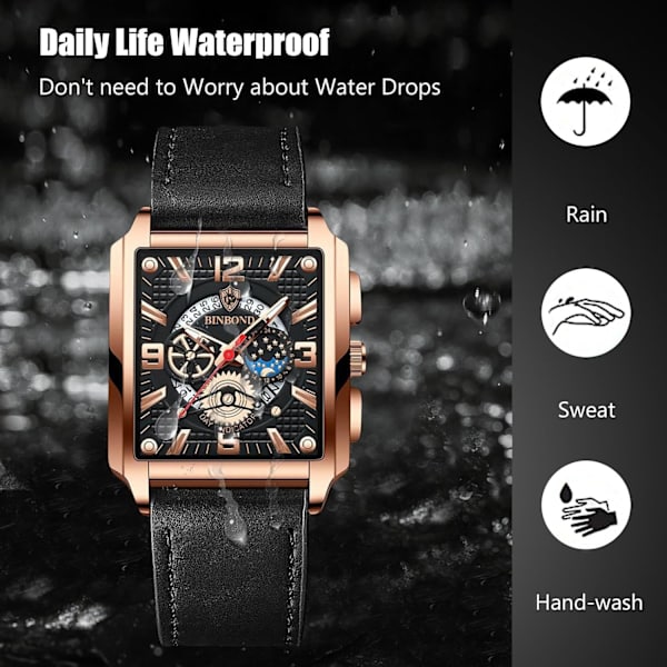 Rektangulære herre armbåndsur, mote analog kvarts armbåndsur for menn, forretningsvanntett ur, lysende armbånd i rustfritt stål for menn, svart rose B Black rose B