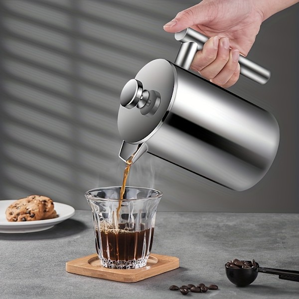 1 st rostfritt stål tekanna med filterpresskanna Dubbelväggig utomhus handbryggd kaffekanna, 350 ml 800 ml 1000 ml bryggd tekanna