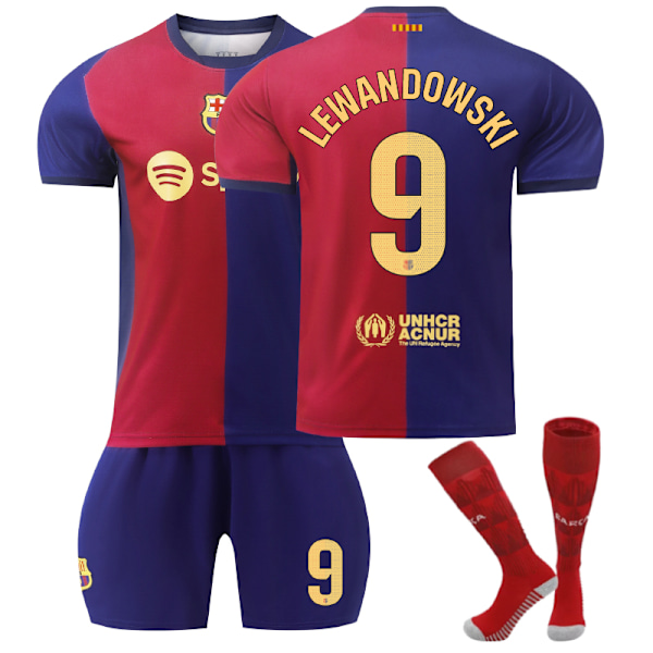 2024-2025 Barcelona Hjemmebanekostume til Børn - Fodboldtrøje med LEWANDOWSKI nr. 9 - Strømper str. 26 No. 9 - Socks 26