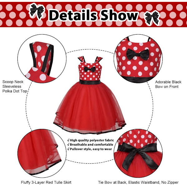 Polka Dot Musdräkt för Småflickor, 4-Delars Set, Perfekt för Halloween & Fester 100 cm