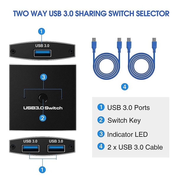 SQBB USB 3.0 Switch Selector Kvm Switch 5gbps 2 In 1 Out USB Switch USB 3.0 Two-way Sharer kompatibel skrivare Tangentbord Musdelning Svart ingen