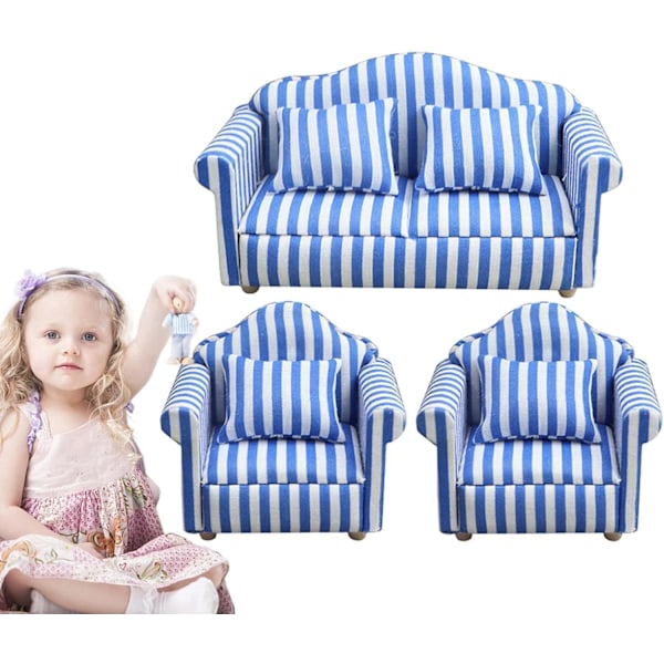 Miniatyyri Nukkekotisohvasetti - Punainen ja Valkoinen Raidalliset 1:12 Mittakaavan Olohuoneen Leikkikaluhuippukalusteet Blue Three piece set