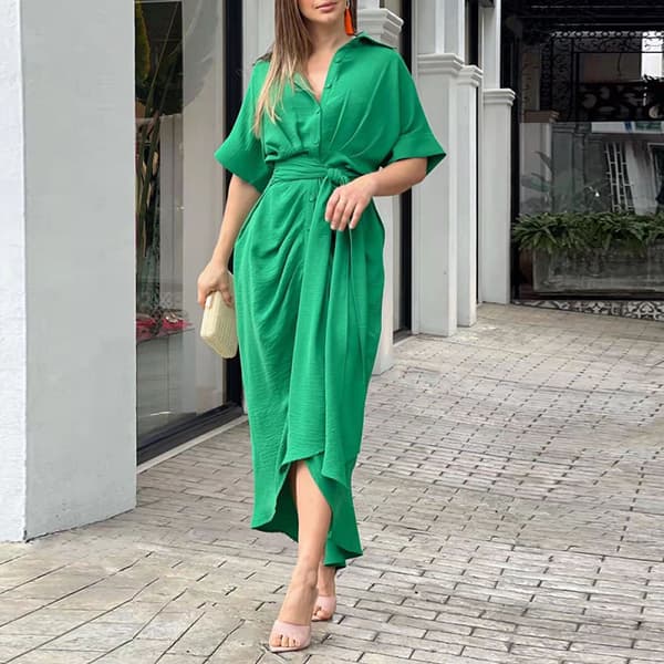 Ditsy Tie Front Button Up Boho Midi T-skjorte Kjoler (Grønn L)