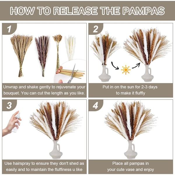Kuiva Pampas-ruoho, 80 kpl Kuivattujen Kukkien Kimppu, Pehmeä Luonnollinen Pampas-ruohon Koriste Täydellinen Boheemiin Hääkoristeluun Makuuhuoneessa ja Maljakkoon V7-231016LWH80-FBA