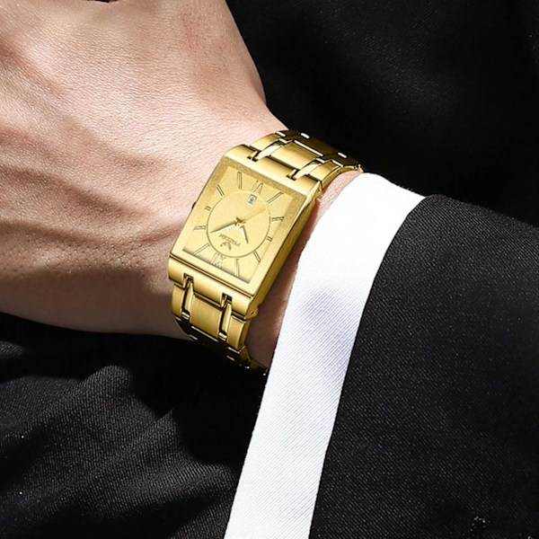 Herrar Kvarts Armbandsur Enkel Kvadratisk Klocka Affärs Vattentät Klocka Datumkalender Luminous Klocka med Rostfritt Stål Armband för Män Guld Gold