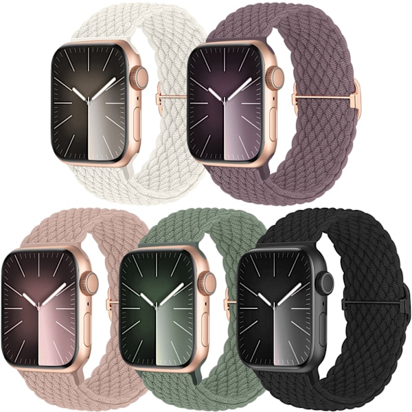 5-pack flätad solo-loop kompatibel med Apple Watch-band 40mm 38mm 41mm för kvinnor och män, justerbart nylon stretchigt elastiskt sportarmband C