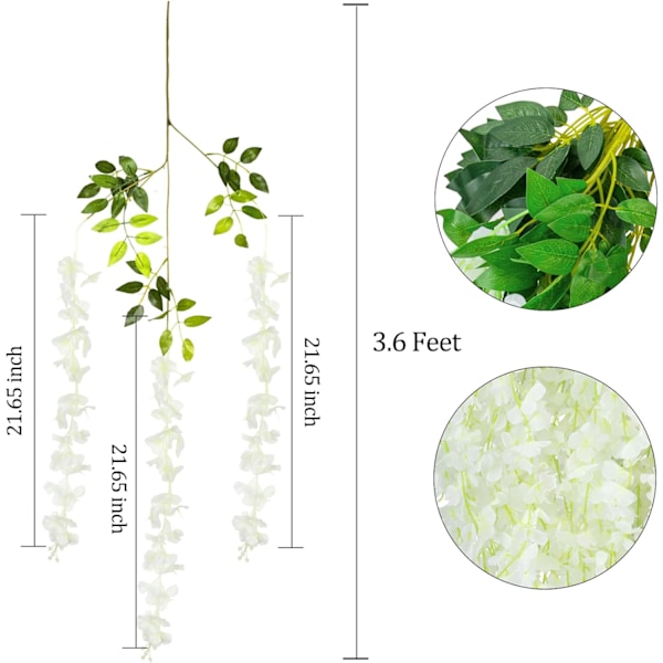 24 kpl Teko-Wisteria Ripustuskukat, 3,6ft Valkoinen Hääjuhliin, Juhliin White 3.6Ft * 24