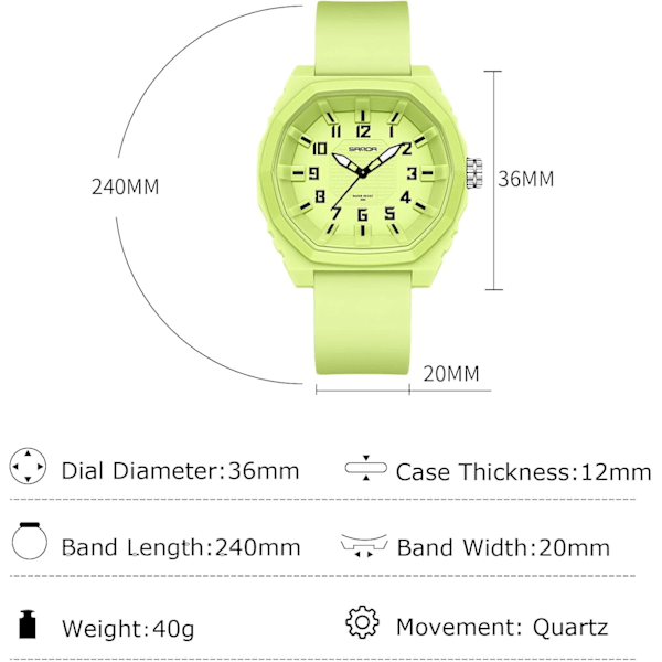 Menners Minimalistiske Kvartsur 5 ATM Vannresistent Armbåndsur Sport Lysende Menners Ur Fritids Analogt Ur Unisex Silikon for Tenåringer Grønn A Green A