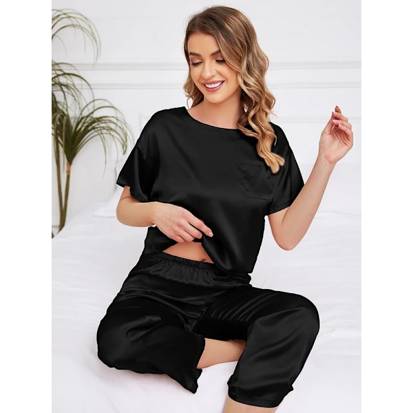 Kvinnor Silk Pajamas Kort Ärm Sömnwear Mjuk Satin Loungewear Rund Hals T-Shirts Om Byxor 2 Stycke Satt black XL