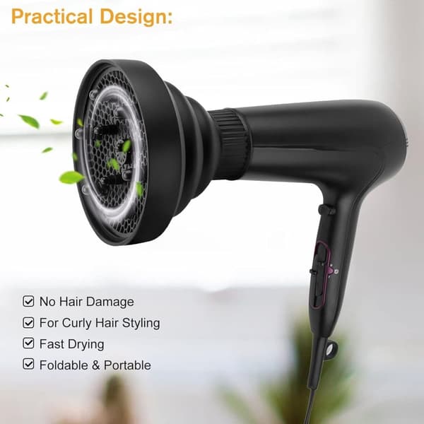 Hårdiffuser - Til krøllet og bølget hår - Med hovedbundsmassagebørste - Universal pasform (6 cm) - Sort