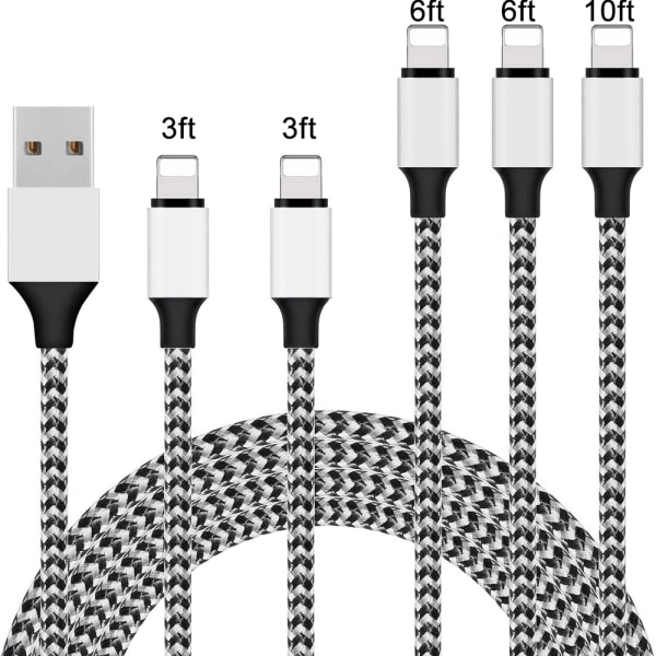 CQBB Laddare i en låda, kabel 10Ft x 1 6Ft x 2 3Ft x 2 flätad kabel Kompatibel iPhone-kabel Datasynkkabel - Svart och vit