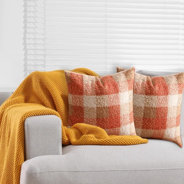 Recitem Set med 2 Orange Rutiga Höst Kuddfodral 45x45cm, Mysig Höstdekoration för Soffa eller Säng