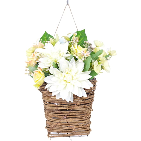 Hängande korg med konstgjorda blommor 9,8 x 13,8 tum, realistisk dörrkrans, rustik stil, hängande korg för bröllop, verandadekoration, vit krans vit