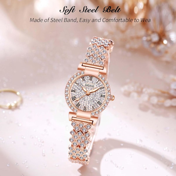 Klokker Liten Skive Full Diamant Armbåndsur Kvinner Mote Analog Kvarts Dameur Rød Gull Rustfritt Stål Klokker Rose Gull Rose gold