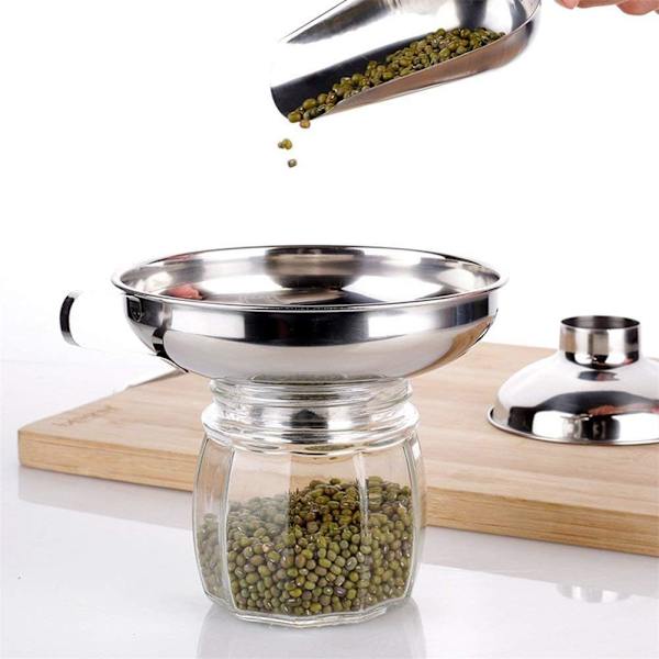 Säilöntäsuppilo - Ruostumattomasta teräksestä valmistettu säilöntäsuppilo keittiöön, leveäsuinen suppilo, keittiövälineet, suppilo kahvalla hillolle (L) L