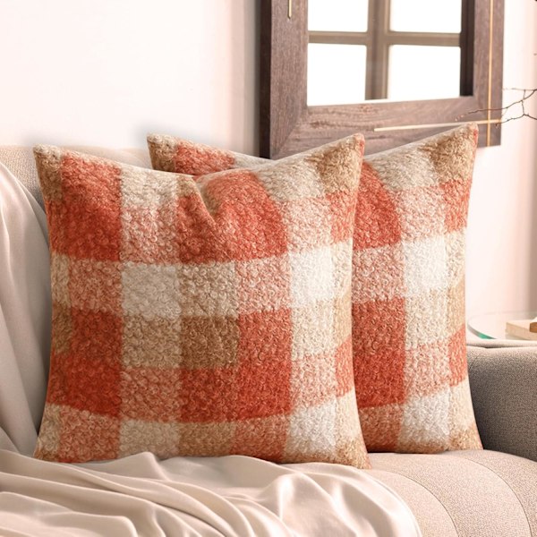 Recitem Set med 2 Orange Rutiga Höst Kuddfodral 45x45cm, Mysig Höstdekoration för Soffa eller Säng