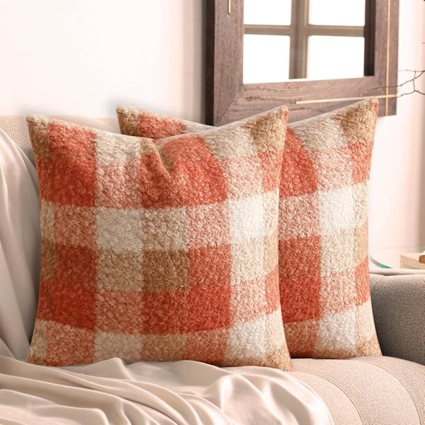 Recitem Sett med 2 Orange Rutete Høst Putetrekk 45x45cm, Koselig Høstdekorasjon til Sofa eller Seng