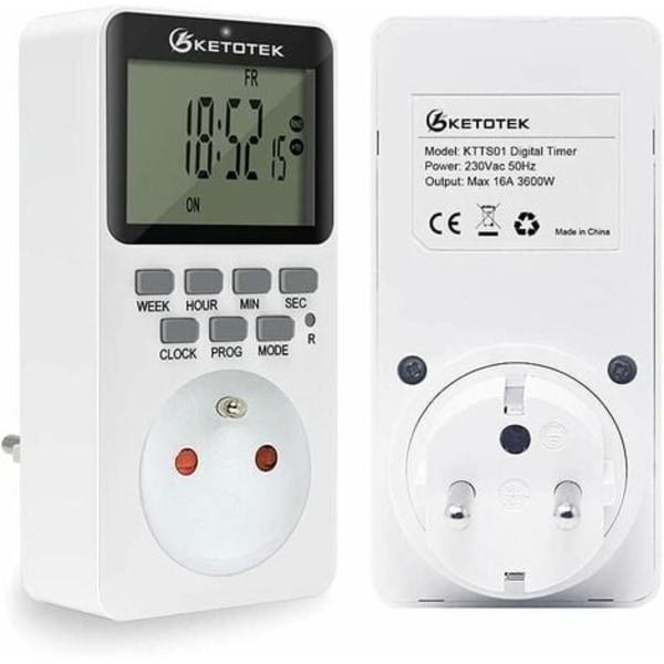 Plug-in digital timer stikkontakt 16A 3600W LCD-skjerm 20 grupper på/av programmerbar timer 24 timer 7 dager AC220V energisparende