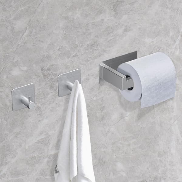 Toiletpapirholder uden boring, Selvklæbende Rustfrit Stål med 4 Håndklædehager, Sølv silver