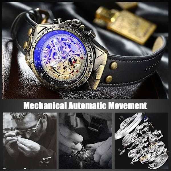 Automatisk Mekanisk Herrklocka Luminous Vattentät Armbandsur Steampunk Skelettur Herrklocka Vintage Läderarmband Klocka Svart Black