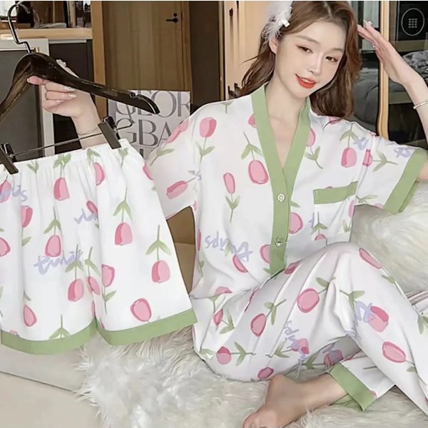 Naisten 3 osainen pyjamasetti - Kotiasu Naiset Rentouttava Mekko Lyhyet Shortsit Pitkät Housut Pyjama Löysä Tytöt Homewe Pyjama Vihreä XL(60-70kg)