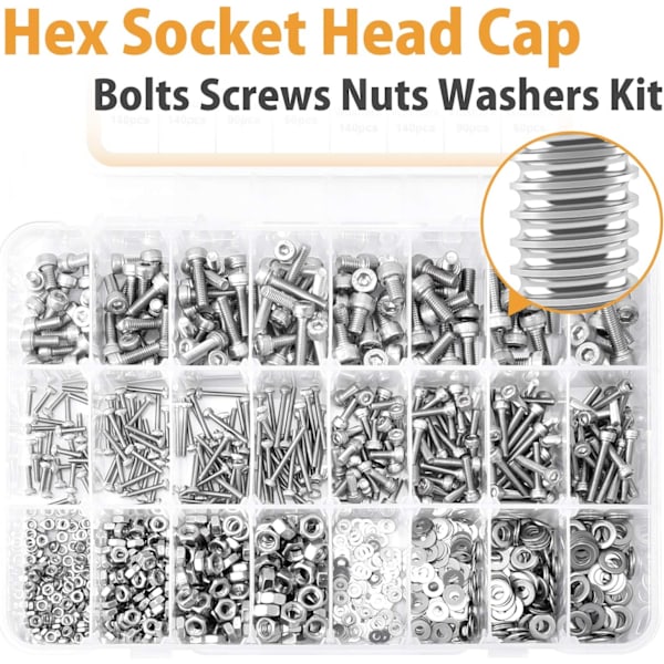 Kit 1225ST M2 M3 M4 M5 Rustfrit Stål Hex-Hovede Skruer med Indeks Kabelbultar Skruesæt (Sølv) Sunmostar